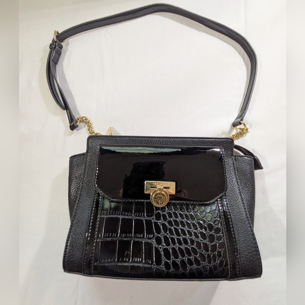 Anne Klein Black Croc-Pattern Embossed Crossbody Bag